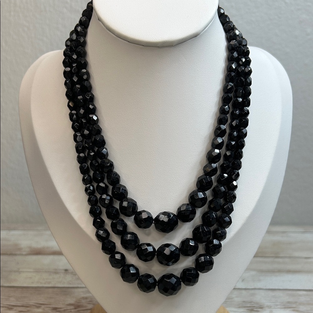 Vintage Laguna Black Glass Triple Strand Necklace